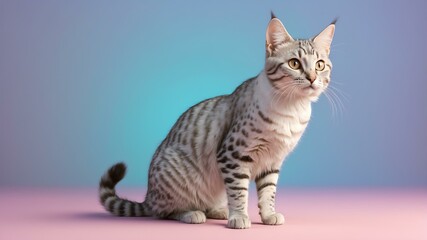 Fluffy Egyptian Mau cat in cute happy and playful mood on pastel color isolation, full-body portrait