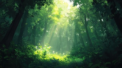Obraz premium Dense green foliage of tall trees, with sunlight breaking through to light the serene ground