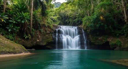 Obraz premium A gentle waterfall in a tropical forest where the water blends with the greenery
