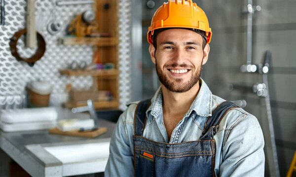 Young attractive man plumber smile to camera,  local business, building services concept