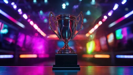 A prestigious trophy stands proudly on display at an electrifying esports tournament venue filled with colorful lights and excitement