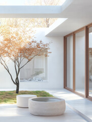 Modern minimalist interior with serene garden view featuring a tree and seating area