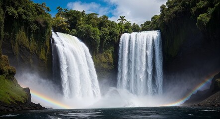 Fototapeta premium A powerful waterfall with lush plant life clinging to its edges