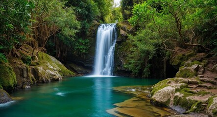 A small but vibrant waterfall tucked away in a green oasis