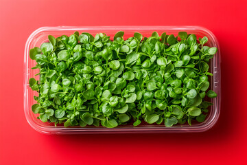 Fresh, vibrant microgreens in a clear plastic container, set against a bold red background.  Perfect for healthy eating, culinary, and gardening themes.