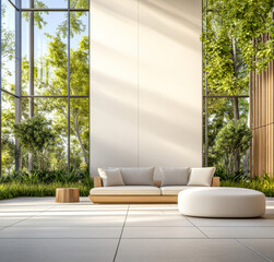 Modern living room with large windows and green scenery during daytime