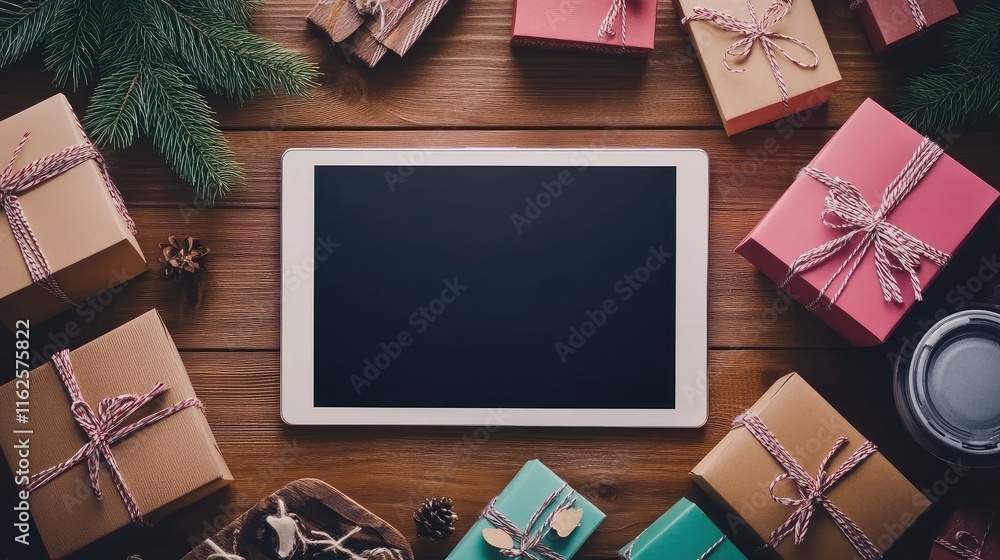 Poster e-commerce background with a blank tablet screen and shopping elements