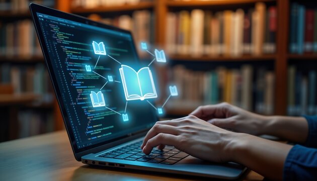 Person uses laptop for online electronic books. Virtual e-book concept in digital library. Person studies online course reads e-learning material. Library tech concept. Digital learning e-learning