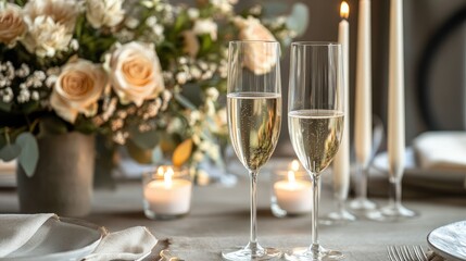Elegant table setting with two glasses of champagne, flickering candles, and a floral arrangement in soft light
