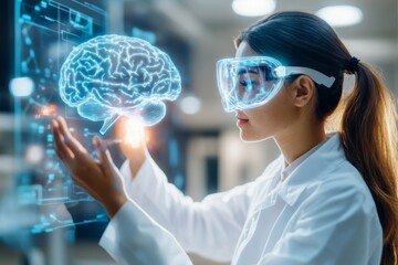 A futuristic holographic interface showing clever solutions forming around a glowing brain model