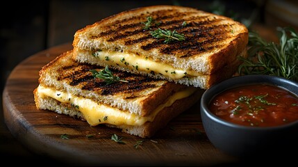 An Exquisite Experience with a Gourmet Grilled Cheese Sandwich Dressed with Fresh Herbs and Tangy Dipping Sauce