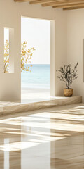 Elegant interior space with coastal view featuring natural light and minimalist decor