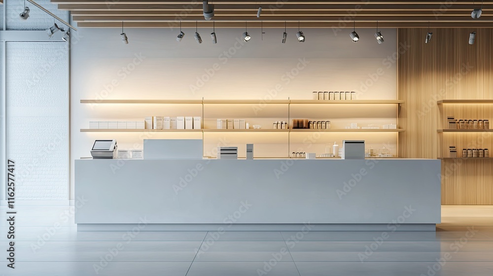 Poster empty store counter with clean surfaces and shelves, providing ample copy space
