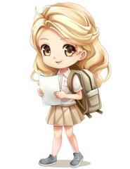 Little cute blonde girl in cartoon style illustration. Schoolgirl, student holds blank sheet of paper for text. Child with homework, test. White background	
