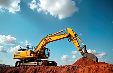 Powerful yellow excavator works on construction site under partly cloudy blue sky. Heavy machinery moves earth. Construction site activity in progress. Building development road works occurring