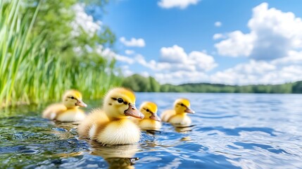 Adorable Ducklings Swimming in Lake  Sunny Day