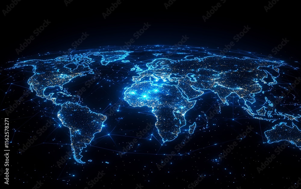 Poster an intricate 3d visualization of a world map with illuminated lights and digital connections, symbol