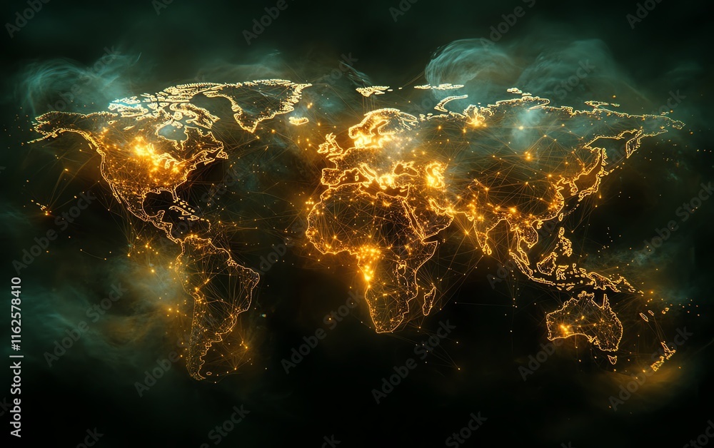 Poster an intricate 3d visualization of a world map with illuminated lights and digital connections, symbol