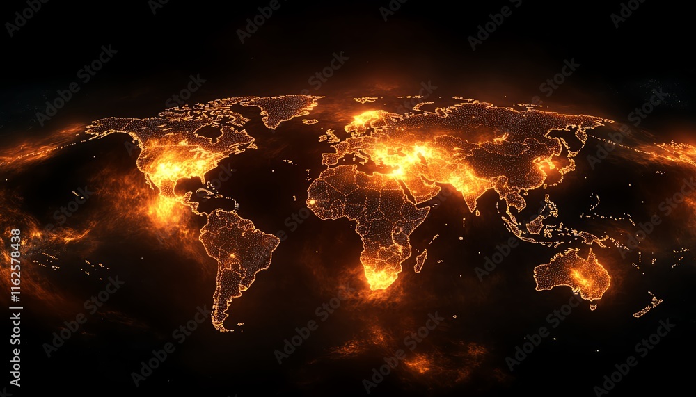 Poster an intricate 3d visualization of a world map with illuminated lights and digital connections, symbol