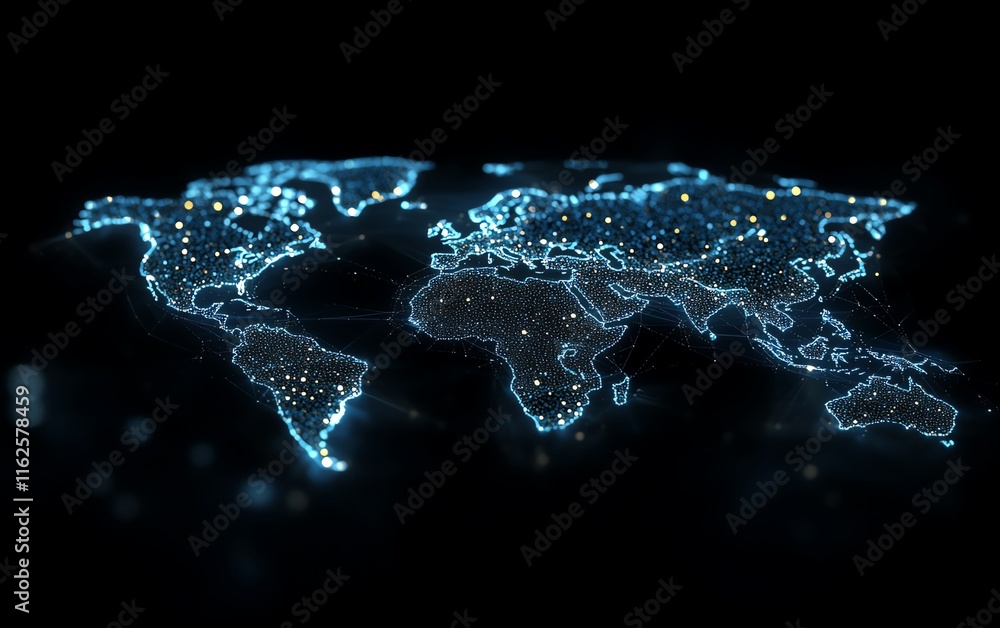Poster an intricate 3d visualization of a world map with illuminated lights and digital connections, symbol