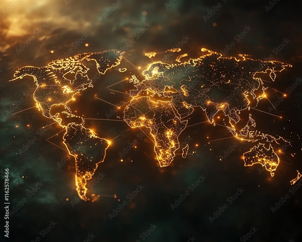 Poster an intricate 3d visualization of a world map with illuminated lights and digital connections, symbol