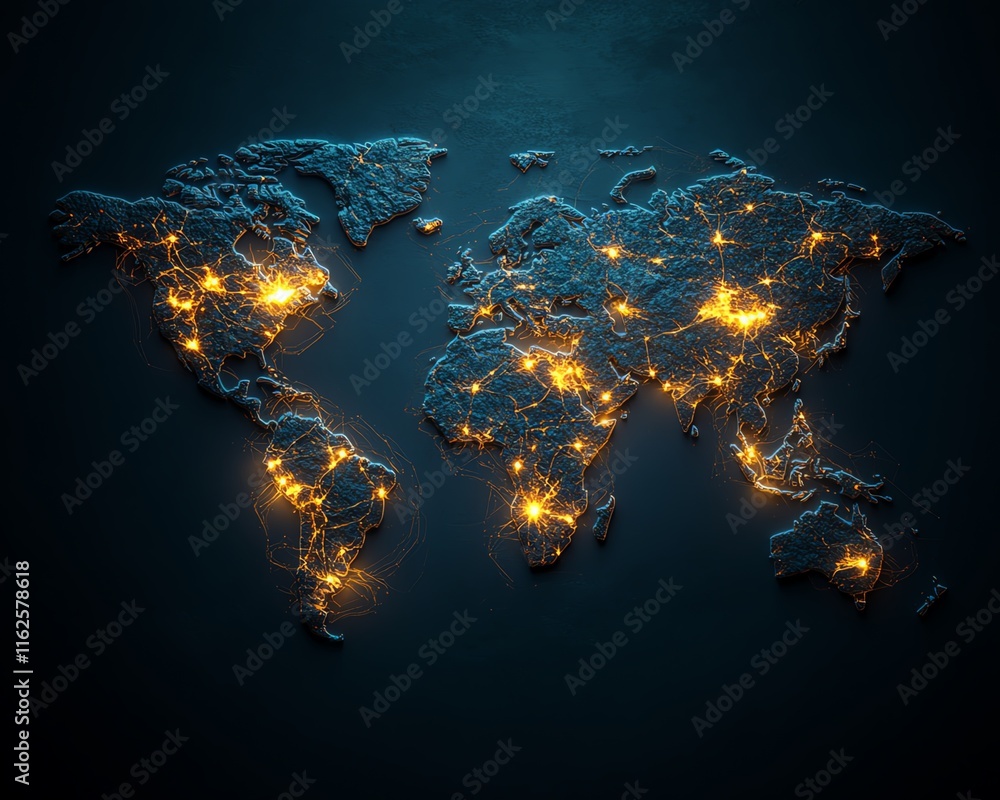 Poster an intricate 3d visualization of a world map with illuminated lights and digital connections, symbol