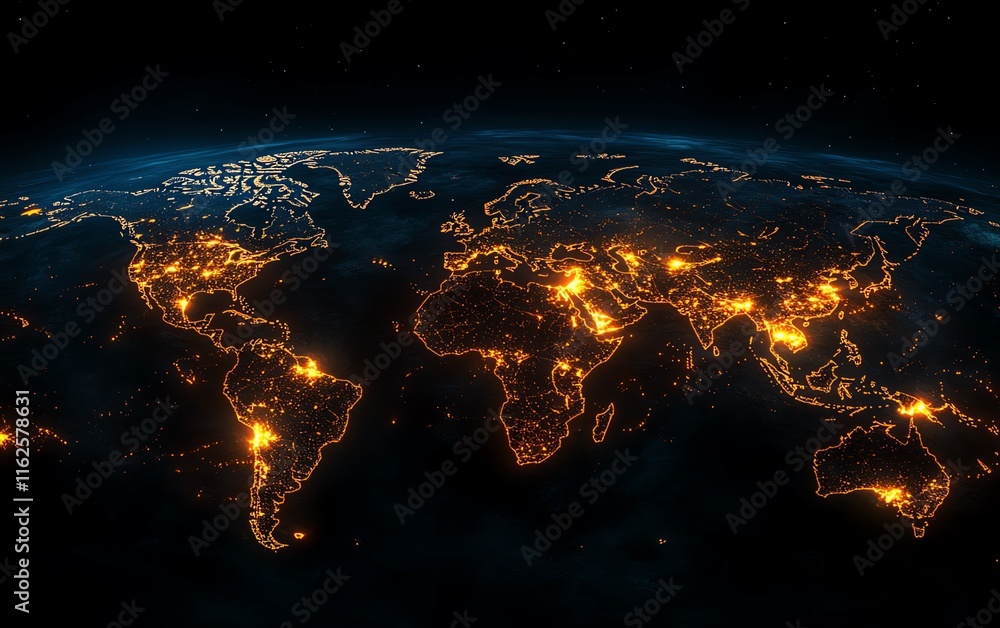 Poster an intricate 3d visualization of a world map with illuminated lights and digital connections, symbol