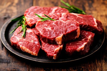 Fototapeta premium Freshly cut beef steaks arranged artistically on a rustic wooden table