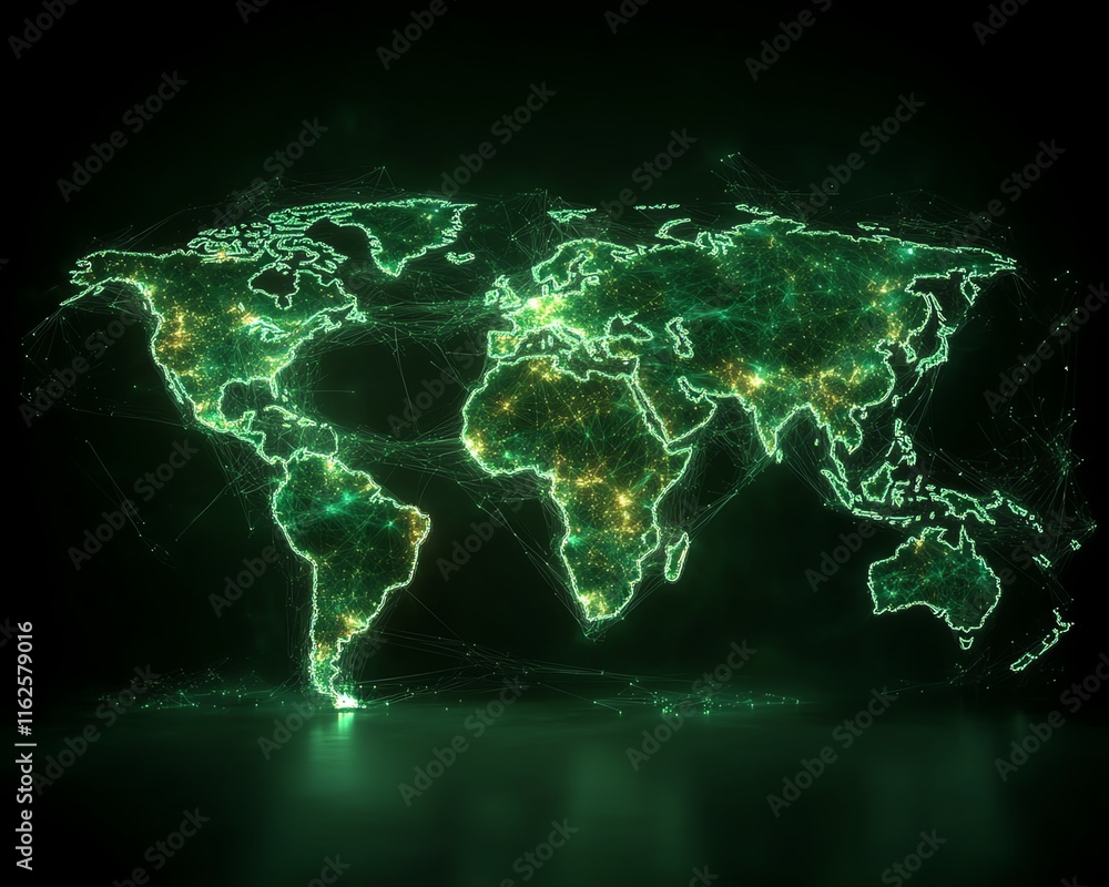 Poster a creative 3d illustration of a glowing digital world map contour, with connected lines and nodes sy