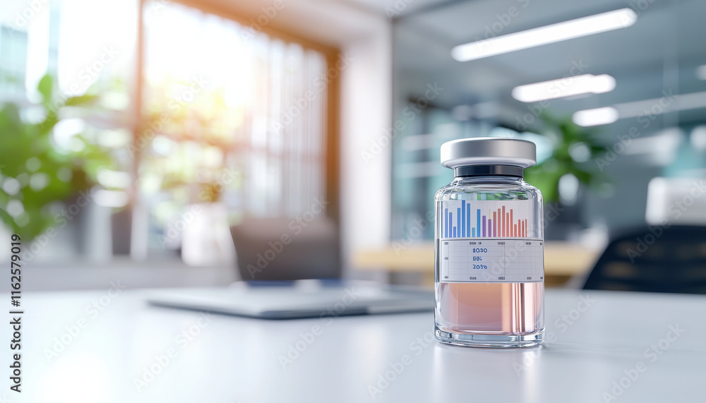 Poster vaccine vial with colorful data chart in modern office setting