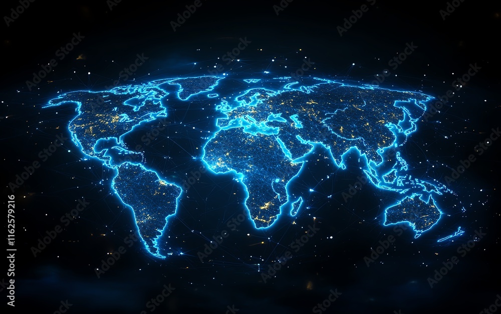 Poster a digital 3d visualization of a glowing world map outline, highlighting big data and internet techno