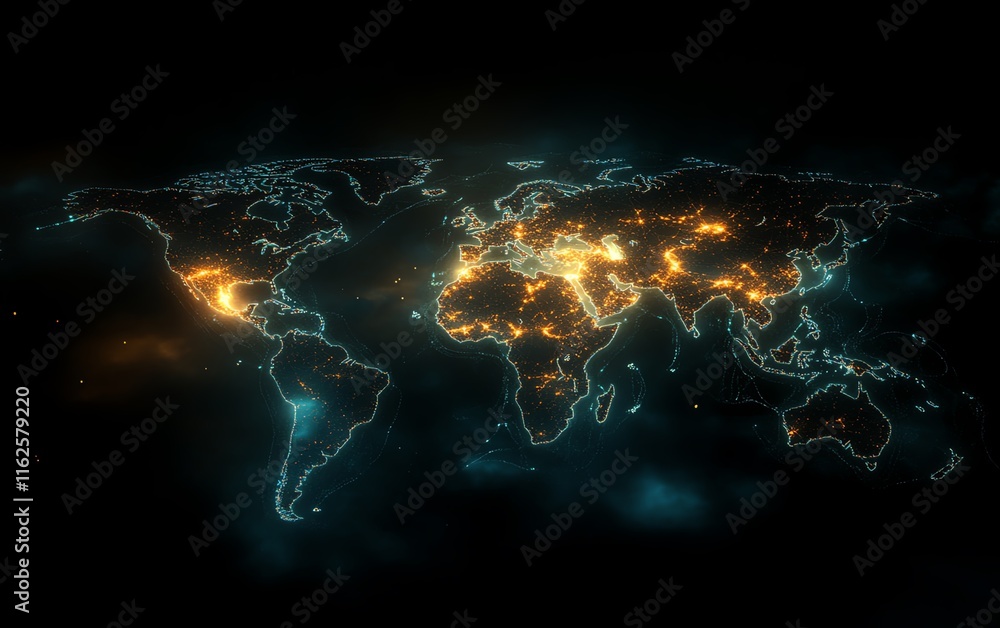 Poster a digital 3d visualization of a glowing world map outline, highlighting big data and internet techno