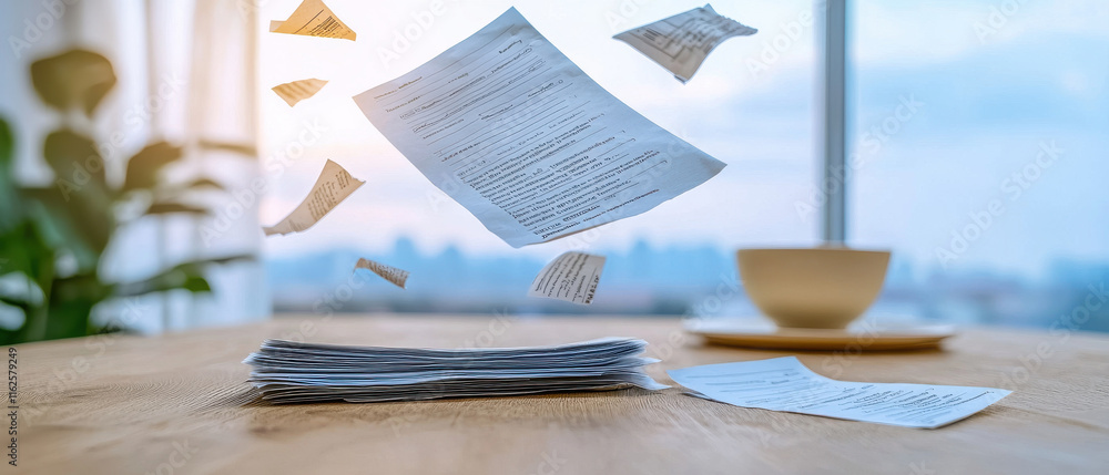 Poster floating papers above stack, creating dynamic office atmosphere