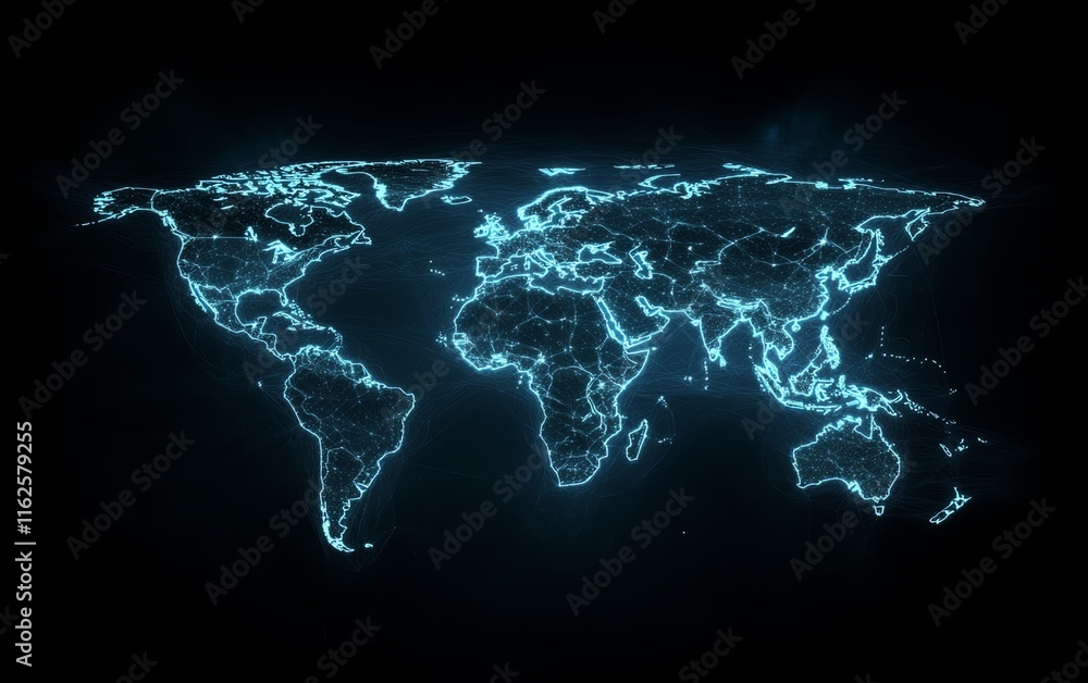 Poster a digital 3d visualization of a glowing world map outline, highlighting big data and internet techno