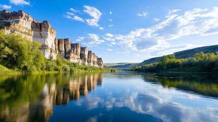 Fototapeta premium The Timeless Beauty of Aiskiye Pritesi A panoramic shot of the legendary Aiskiye Pritesi cliffs rising dramatically above the tranquil River Ai, capturing the essence of the Ural m
