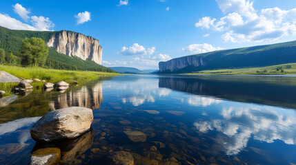 The Timeless Beauty of Aiskiye Pritesi A panoramic shot of the legendary Aiskiye Pritesi cliffs rising dramatically above the tranquil River Ai, capturing the essence of the Ural m