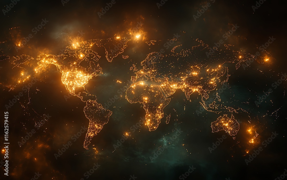 Poster a dynamic 3d rendering of a digital world map with illuminated lights, symbolizing global connection