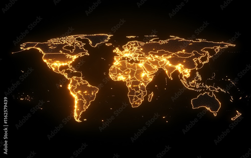 Poster a dynamic 3d rendering of a digital world map with illuminated lights, symbolizing global connection