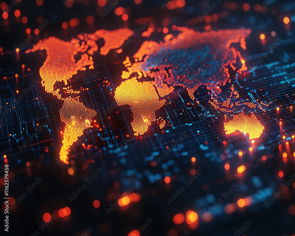 Poster a dynamic 3d rendering of a digital world map with illuminated lights, symbolizing global connection