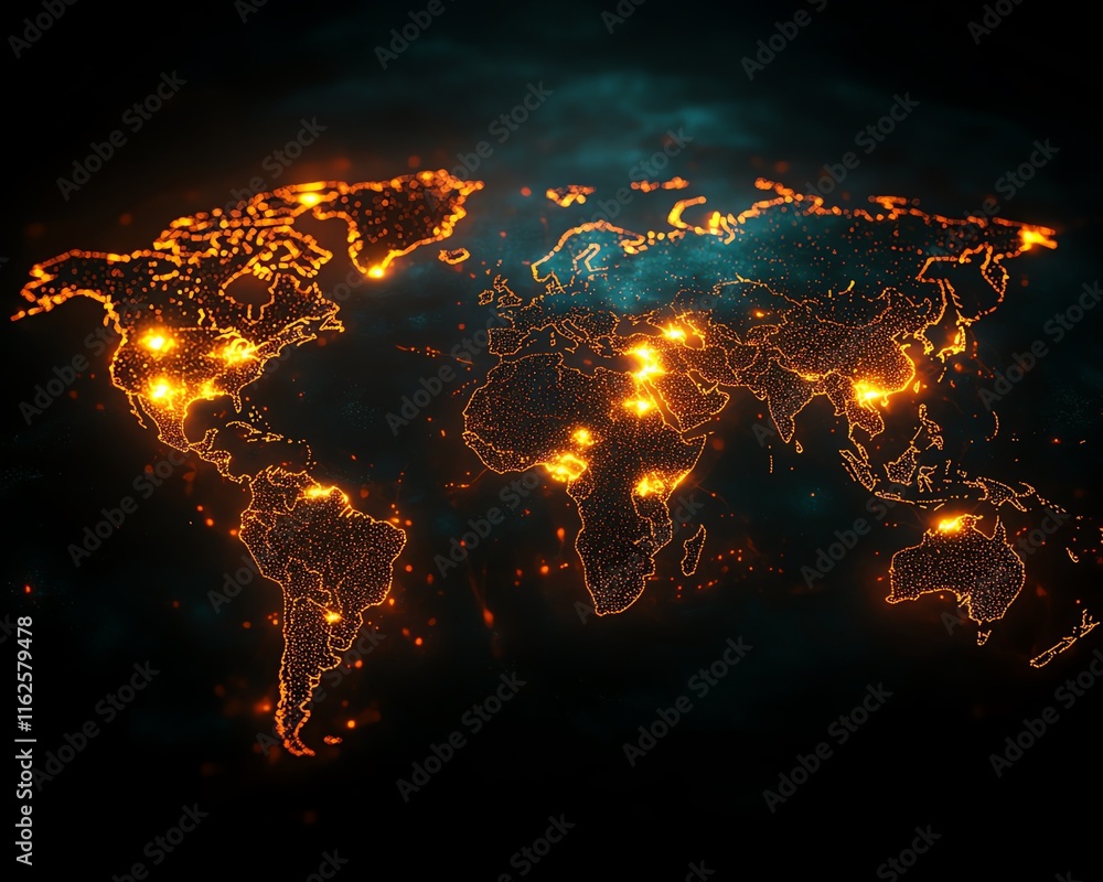 Poster a dynamic 3d rendering of a digital world map with illuminated lights, symbolizing global connection