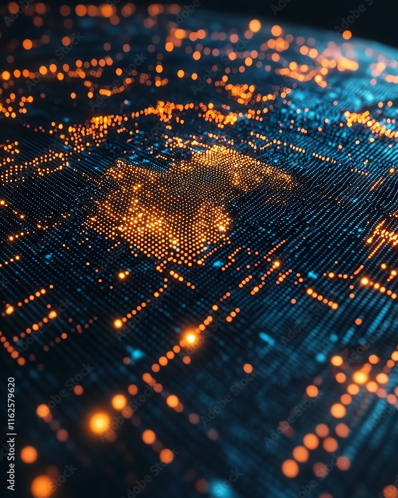 Poster a dynamic 3d rendering of a digital world map with illuminated lights, symbolizing global connection