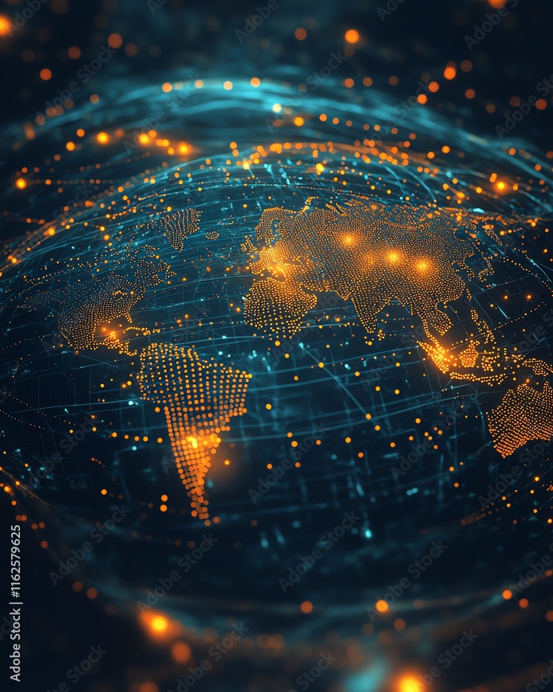 Poster a dynamic 3d rendering of a digital world map with illuminated lights, symbolizing global connection