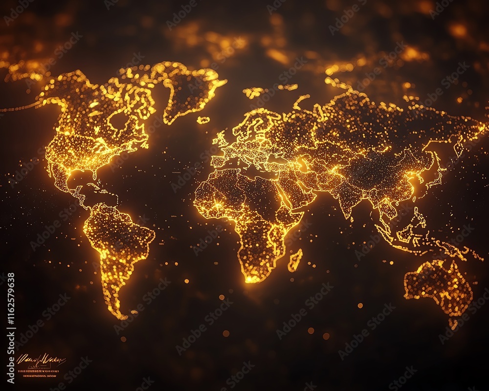 Poster a dynamic 3d rendering of a digital world map with illuminated lights, symbolizing global connection