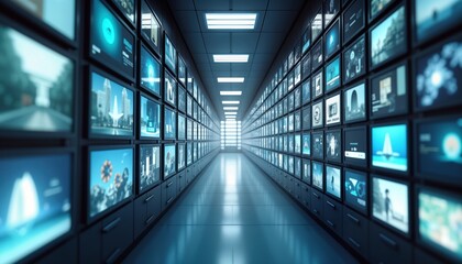 Fototapeta premium Digital asset library displays various media content on screens. Multimedia collection images videos, documents. Virtual repository of images documents, videos. Tech interface displays diverse