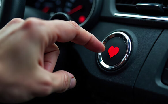 Pressing a button with a red heart in a car. Symbol of love and romance on Valentine's Day. Modern concept of communication and expression of feelings through technology.