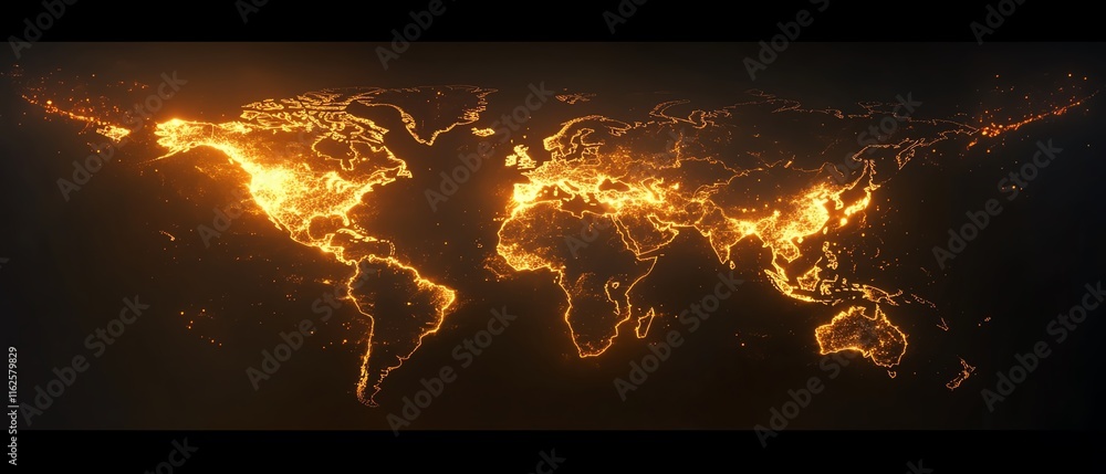 Poster a futuristic 3d rendering of a glowing digital world map contour, symbolizing big data and internet 