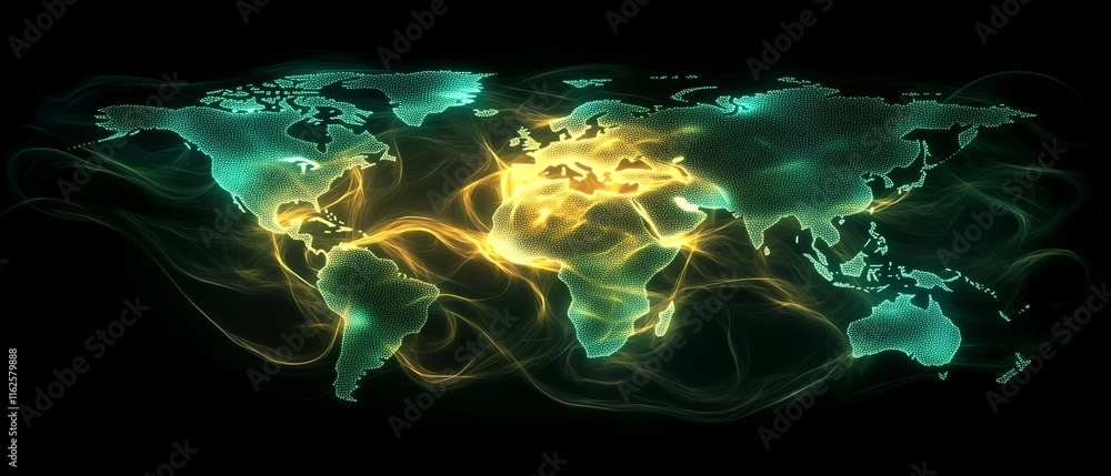 Poster a futuristic 3d rendering of a glowing digital world map contour, symbolizing big data and internet 