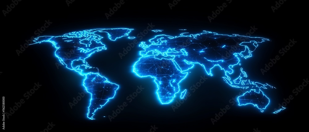 Poster a futuristic 3d rendering of a glowing digital world map contour, symbolizing big data and internet 