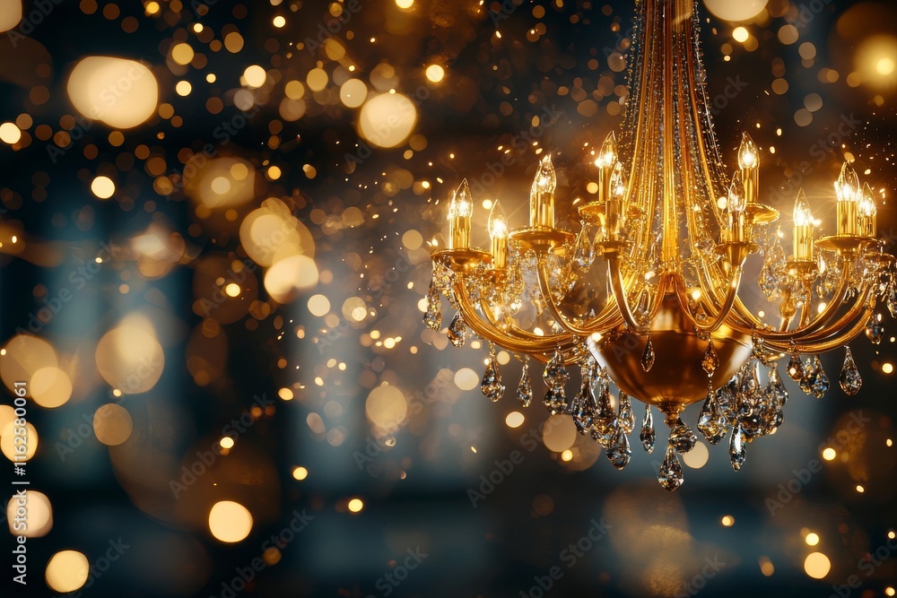Poster luxurious chandelier with sparkling lights and bokeh background in elegant setting
