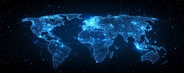 Obraz premium A futuristic 3D visualization of a digital world map with glowing connections and lights, representing global networking on a dark techinspired backdrop